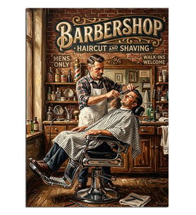 Barbershop'Ta Tıraş Olan Müşteri Sahnesi Dekoratif Kanvas - Mdf Ahşap Tablo