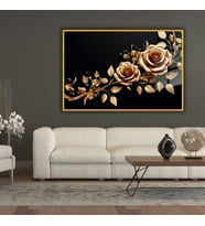 Metal Çerçeveli Yatay Cam Tablo Gold Renkli Güller ve Yapraklar (Gold)