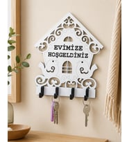 Evimize Hoşgeldiniz Kuş Ev Temalı Ahşap Anahtarlık Askısı 20 X 19 Cm