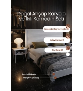 Alaz Model Yatay Başlıklı Masif Ahşap Karyola ve 2 Adet Komodin Kolay Kurulum Fırınlanmış İthal Sibirya Çamı 90x190 Yatak Uyumlu 2 Adet Komodin