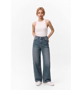 Kadın Yüksek Bel Wide Leg Beli Lastikli Jean Pantolon