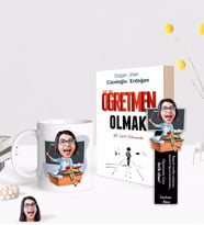BK Gift Kişiye Özel Kadın Öğretmen Karikatürlü Beyaz Kupa Ahşap Kitap Ayracı ve Öğretmen Olmak Kitabı Hediye Seti-2