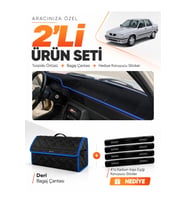 RENAULT 9 BROADWAY (1985-2000) Uyumlu Torpido Örtüsü + Deri Bagaj Çantası + Sticker Seti - Siyah Mavi