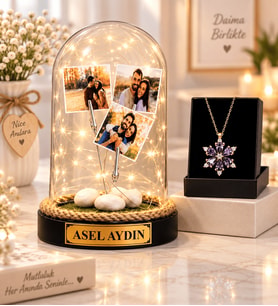 Kişiye Özel 3 Fotoğraflı LED Işıklı Fanus ve Gerçek Ametist Taşlı Lotus Kolye Hediye Seti