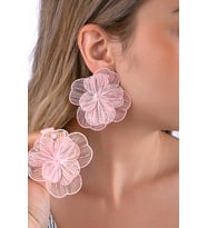 Pembe İnce Metal Çizgili Çiçek Figürlü Hafif Küpe (Beyaz)