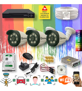 Qromax 3 Kameralı Set - Yapay Zeka Özellikli Gece Renkli Gösteren 8 Warm Ledli TurboHD Güvenlik Kamerası Seti 3908W-104