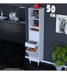 Eliusta Kumsal 50 cm Beyaz Sepetli Çok Amaçlı Mutfak Dolabı 3 Çekmeceli Açık Raflı Dolap 50x194x32 cm