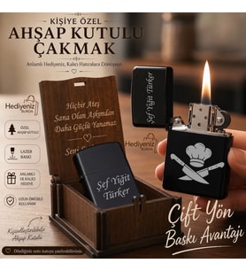 Hızlı Kargo Kişiye Özel Çift Yön Baskı Seçeneğiyle Metal Çakmak - Ahşap Kutulu - Şef Logolu