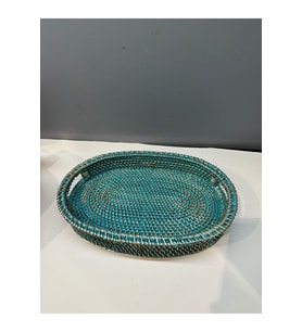 Dekoratif Polyester Hasır Tepsi Turkuaz-Gold Eskitme