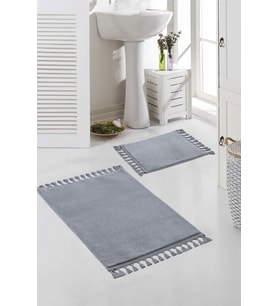 Vl Yıkanabilir Premium Ponpon Saçaklı Kaymaz Taban Post Peluş Banyo Paspası 2'li Takım (Gri)