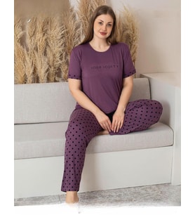 Pijamoni Kadın Milan Büyük Beden Bisiklet Yaka Kısa Kol İnce Pijama Takımı 7665/1- 1 Adet (Mor)