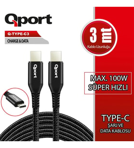 QPORT Q-TYPE-C3 3 METRE TYPE-C 100W PD ŞARJ VE DATA KABLOSU