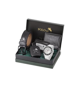 Polo Air Erkek Kol Saati Kemer Cüzdan Kartlık Parfüm Hediyelik Kutusunda Gümüş Beyaz Set PL-7049E5