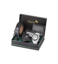 Polo Air Erkek Kol Saati Kemer Cüzdan Kartlık Parfüm Hediyelik Kutusunda Gümüş Beyaz Set PL-7049E5 (Gümüş-Beyaz)