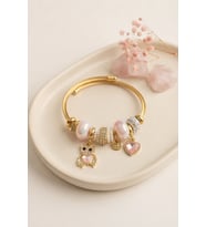 Tedy Bear Model Gold Renk Pembe Charmlı Bileklik