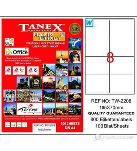 Tanex TW-2208 - 105 x 70 mm Laser Etiket 100 Adet Ücretsiz Kargo