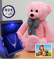 Fotoğraflı Hediye Seti Işıklı Kutusunda 925 Ayar Gümüş Kolye ve 80cm Pembe Ayıcık (Model 5)