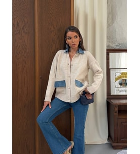 Kadın Cep ve Yaka Denim Detay Düğmeli Triko Hırka