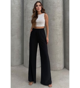 Lesa Wear Yumuşacık Yüksel Bel Geniş Paça Likralı Jarse Pantolon Flared (Siyah)