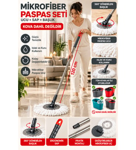 Mikrofiber Paspas Seti 120 cm Metal Saplı Döner Başlıklı Mop Ucu - Tüm Kovalar ile Uyumludur