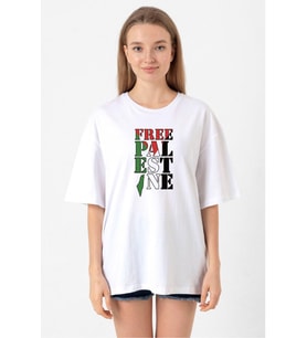 Free Palestine Beyaz Kadın Oversize Tshirt