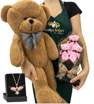 3'lü Peluş Ayıcık Buketi, Renkli Anka Kuşu Kolye ve Kahverengi Peluş Ayıcık (Model 1)