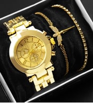 Özel Kutulu Gold Metal Kordon Kadın Saati & Gold Melek Bileklik & Gold Zirkon Taşlı Bileklik