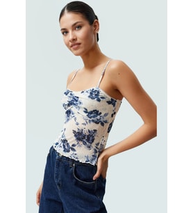 Çiçekli Crop Bluz Polyester Örme Kumaş Kalp Yaka İnce Askılı Yazlık Zarifane Tasarım