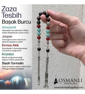Başak Burcu Zaza Tesbih Doğal Taş Amazonit, Jasper, Kırmızı Akik, Krizokol, Siyah Turmalin
