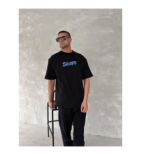 Ön Ve Arka Baskılı Oversize Bisiklet Yaka T-shirt- Siyah