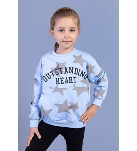 Toontoy Kız Çocuk Kanguru Cepli Komple Yıldız Baskılı Sweatshirt (Mavi)