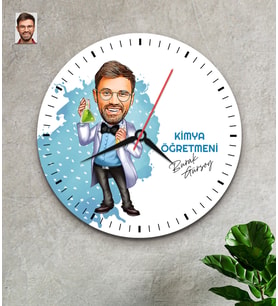 Kişiye Özel Karikatürlü Erkek Kimya Öğretmeni - Kimyacı Ahşap Duvar Saati 32 CM (Çok Renkli)
