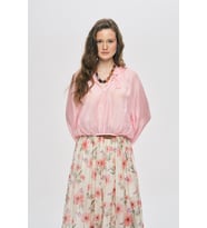 Kadın Belden Lastikli ve Büzgü Detaylı Transparan Bluz (Pembe)
