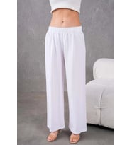 Kadın Keten Beli Lastikli Rahat Bol Paça Pantalon (Beyaz)