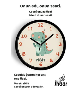 İsme Özel Sevimli Dinozor Çocuk Odası Duvar Saati Orta Boy 30 cm Siyah Camlı Sessiz