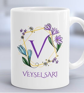 Kişiye Özel Çiçekli V Harfli Hediye Kupa Bardak İsim Soyisim Yazılı (Beyaz)