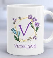Kişiye Özel Çiçekli V Harfli Hediye Kupa Bardak İsim Soyisim Yazılı (Beyaz)