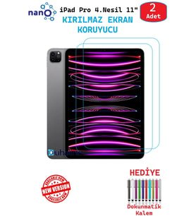 2 ADET iPad Pro 4. Nesil 11" Tablet İçin Tam Uyumlu Ekran Koruyucu Şeffaf Cam Nano HD Esnek Kırılmaz