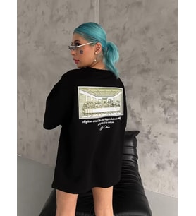 Unisex Baskılı Oversize T-Shirt - Siyah