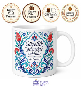 Geleneksel Çini Desenli Otantik Hediyelik Seramik Kupa Bardak Özel Tasarım