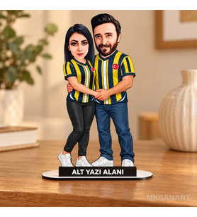 Kişiye Özel 2 Kişilik Sarı Lacivert Sevgili Taraftar Karikatürlü 18 cm MDF Masaüstü Biblo - Futbol Temalı Hediye Futbol Severlere ve Spor Tutkunlarına Hediye