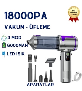 18000PA Vakum ve Üfleme Araç Süpürgesi 3 Kademeli Ekranlı Yüksek Performans Çantalı Süpürge