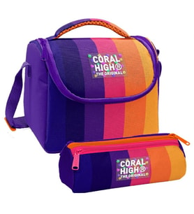 Coral High Kız Çocuk Mor Turuncu Renkli Çizgili Thermo Beslenme Çantası ve Üç Bölmeli Kalemlik Seti