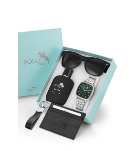 Polo Air Takvimli Hasır Metal Kordon Erkek Kol Saati Parfüm Gözlük Kartlık Anahtarlık Hediyelik Kutusunda Set Gümüş Yeşil Renk TR-101E5