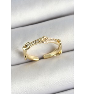 Pirinç Düğüm Figürlü Zirkon Taşlı Gold Renk Ayarlanabilir Kadın Yüzük (Altın)
