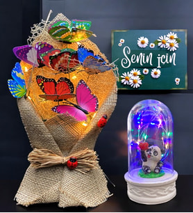 Kelebek Buketi Seti, Led Işıklı Renkli Kelebek Buketi & Renkli Led Işıklı Fanus Seti (Model 5)