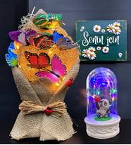 Kelebek Buketi Seti, Led Işıklı Renkli Kelebek Buketi & Renkli Led Işıklı Fanus Seti (Model 5)