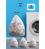 LBag  3 Adet Çamaşır Yıkama Filesi İpli 35x45 Cm  Çorap Perde Filesi (Beyaz)