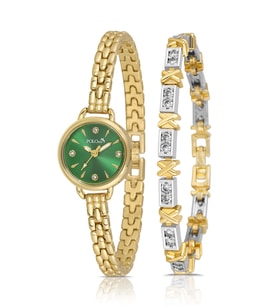 Polo Air Minimal Kadın Kol Saati Xoxo Bileklik Kombin Gold Yeşil Renk PL-1581B1 (Yeşil-Altın)