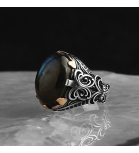 925 Ayar Gümüş Yüzük Doğal Labradorite  Taşı Tırnak Detaylı